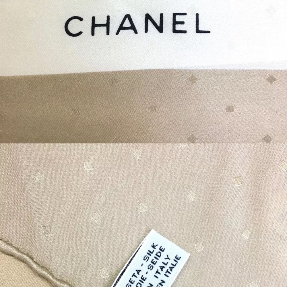 ❌❌SOLD❌❌AUTH CHANEL Logo Ribbon Silk Scarf Tan Beige - Picture 7 of 7